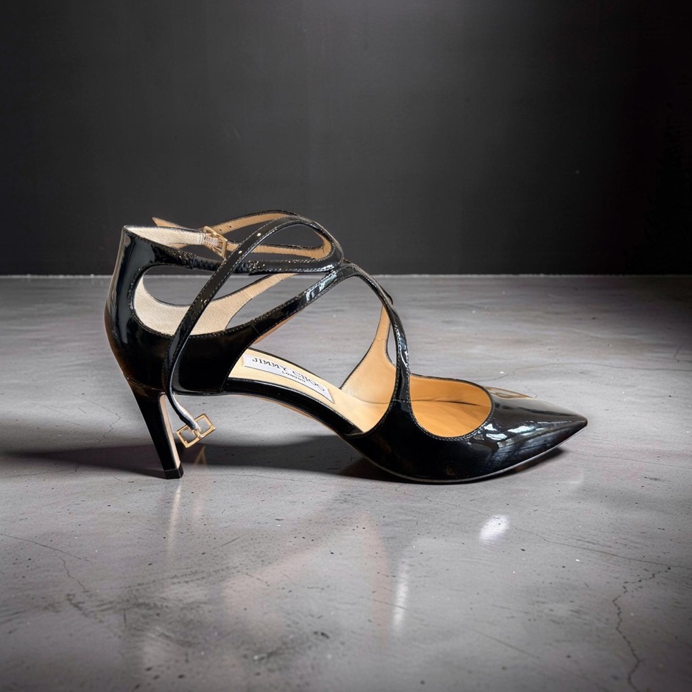 Jimmy Choo Black Patent Leather Crisscross Pointed-Toe Heels - NEVER WORN